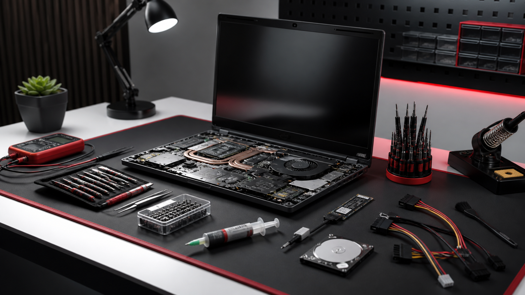 Mesa tecnica con notebook y herramientas de reparacion